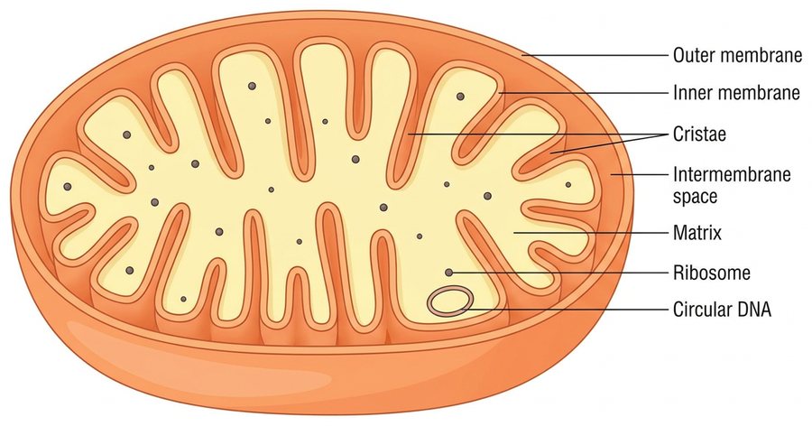Cut-away drawing of a mitochondrion labelled outer membrane, inner membrane, cristae, intermembrane space, matrix, ribosome and circular DNA
